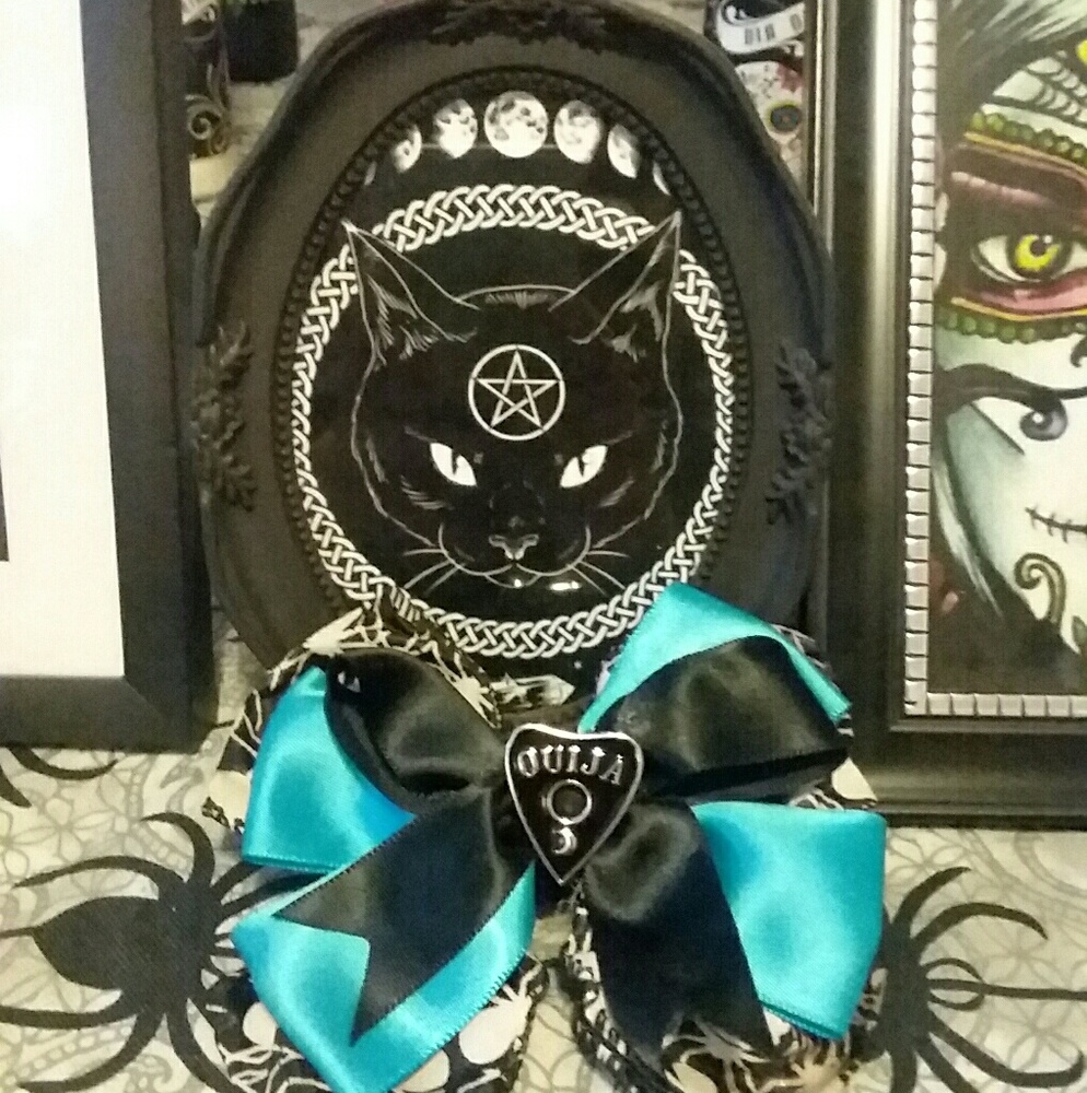 *SOLD*Black and Blue Horror Ouija Hair Ribbon - Picture 1 of 1